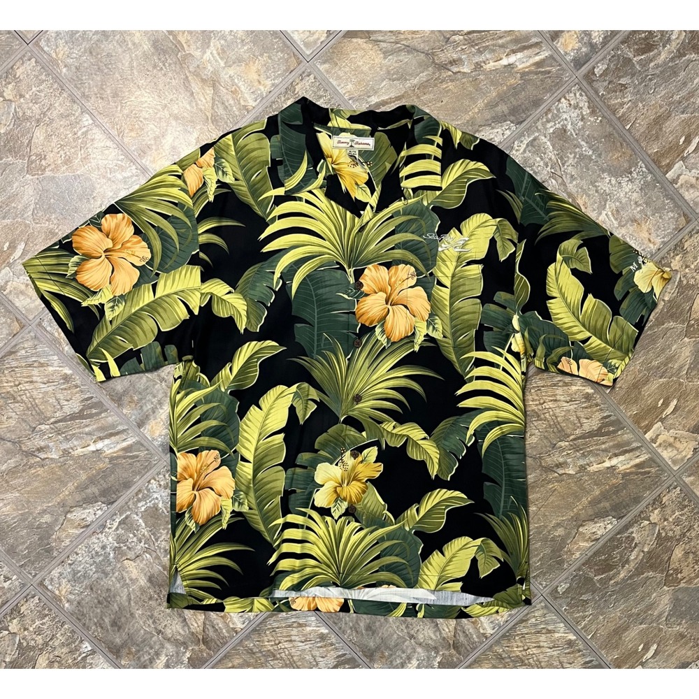 Tommy Bahama Shirt Mens XL Black Yellow Silk Tropical Sea Ray Yacht